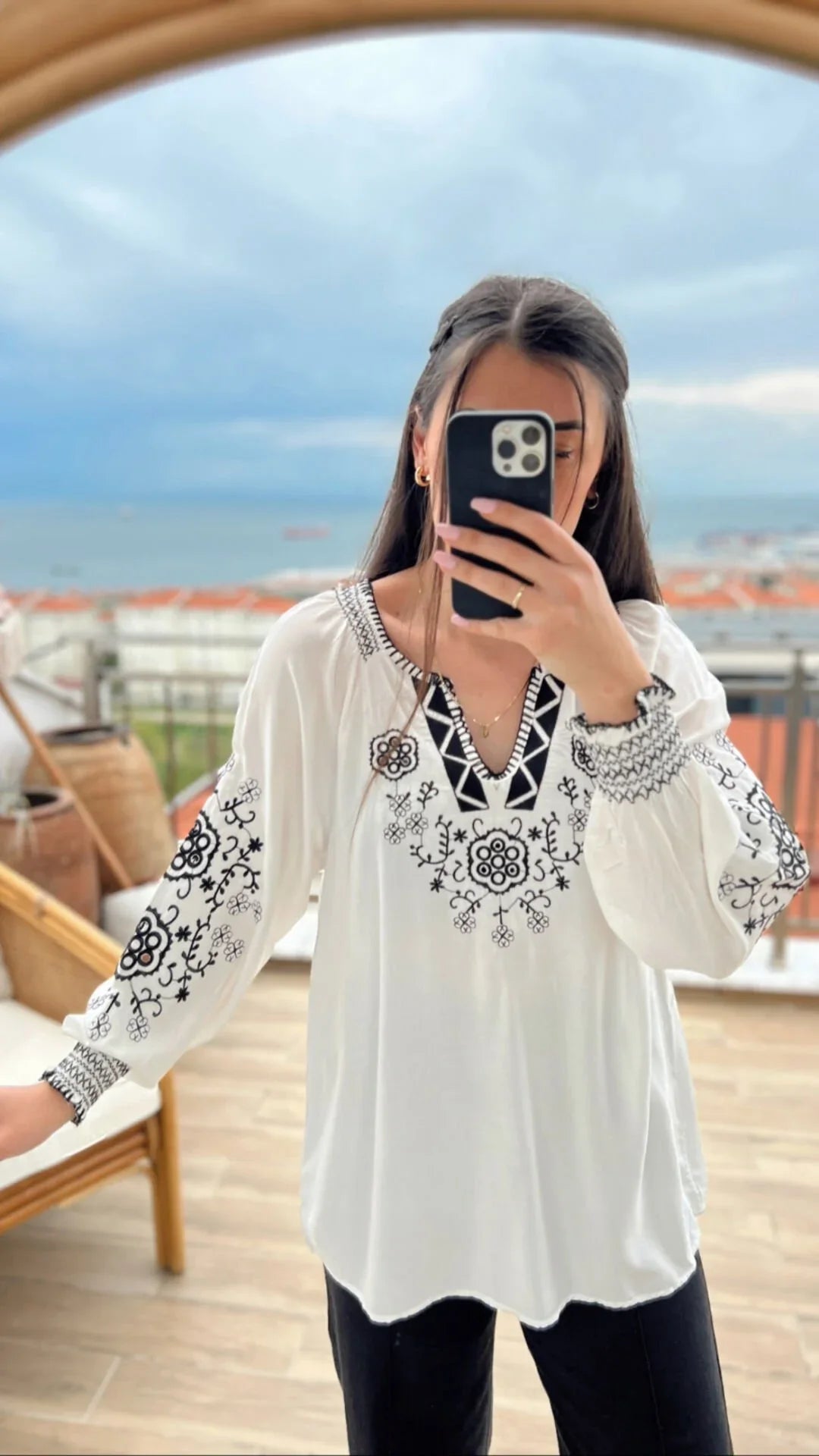 Bohemian Elegance Embroidered Cotton Blouse