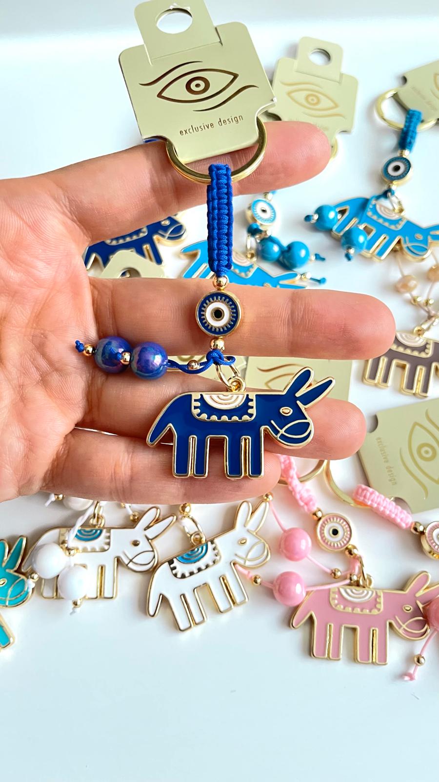 Dark Blue Donkey Design Gold Evil Eye Keychain