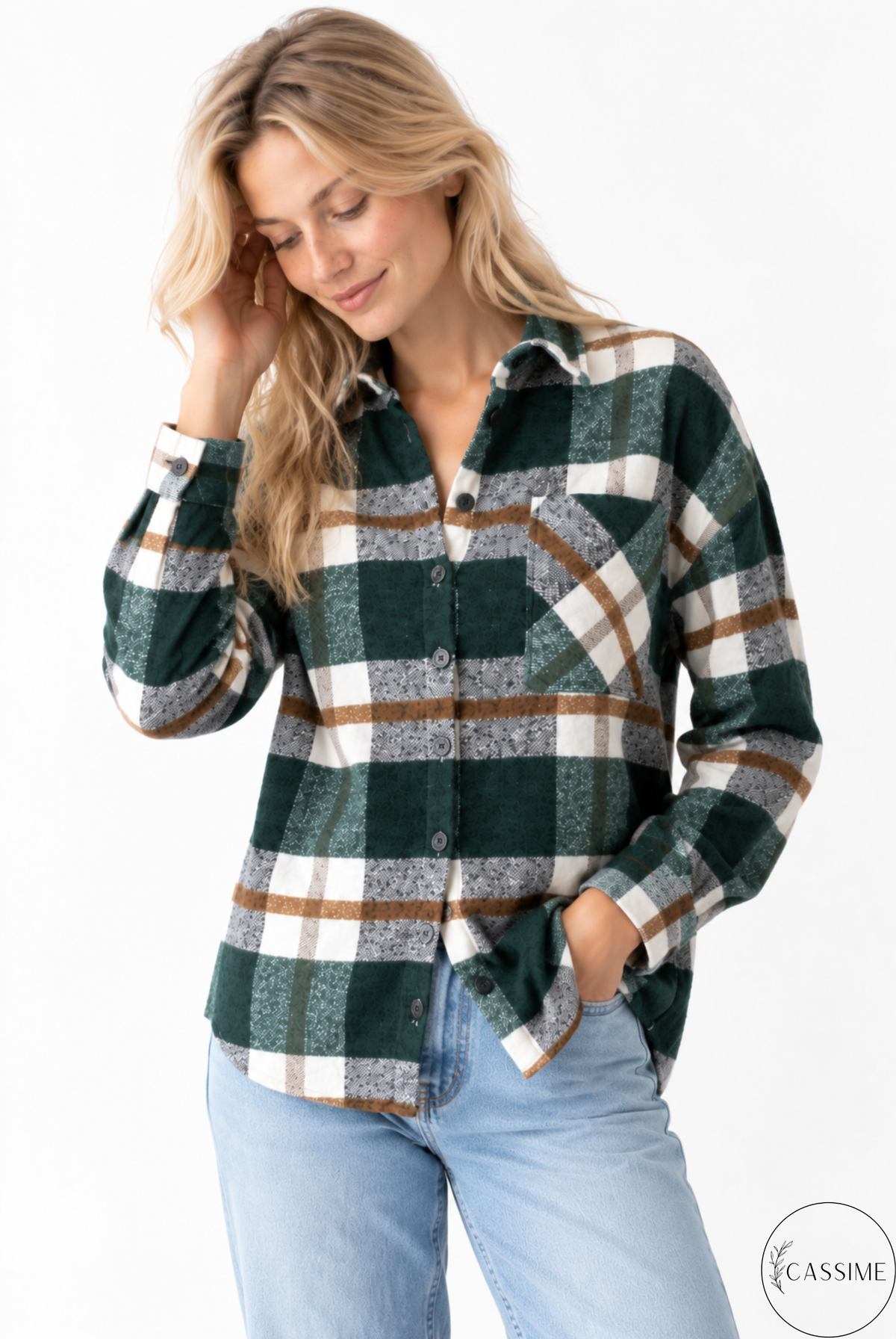 Chaqueta-camisa de cuadros de algodón azul suave crema Harper con capucha