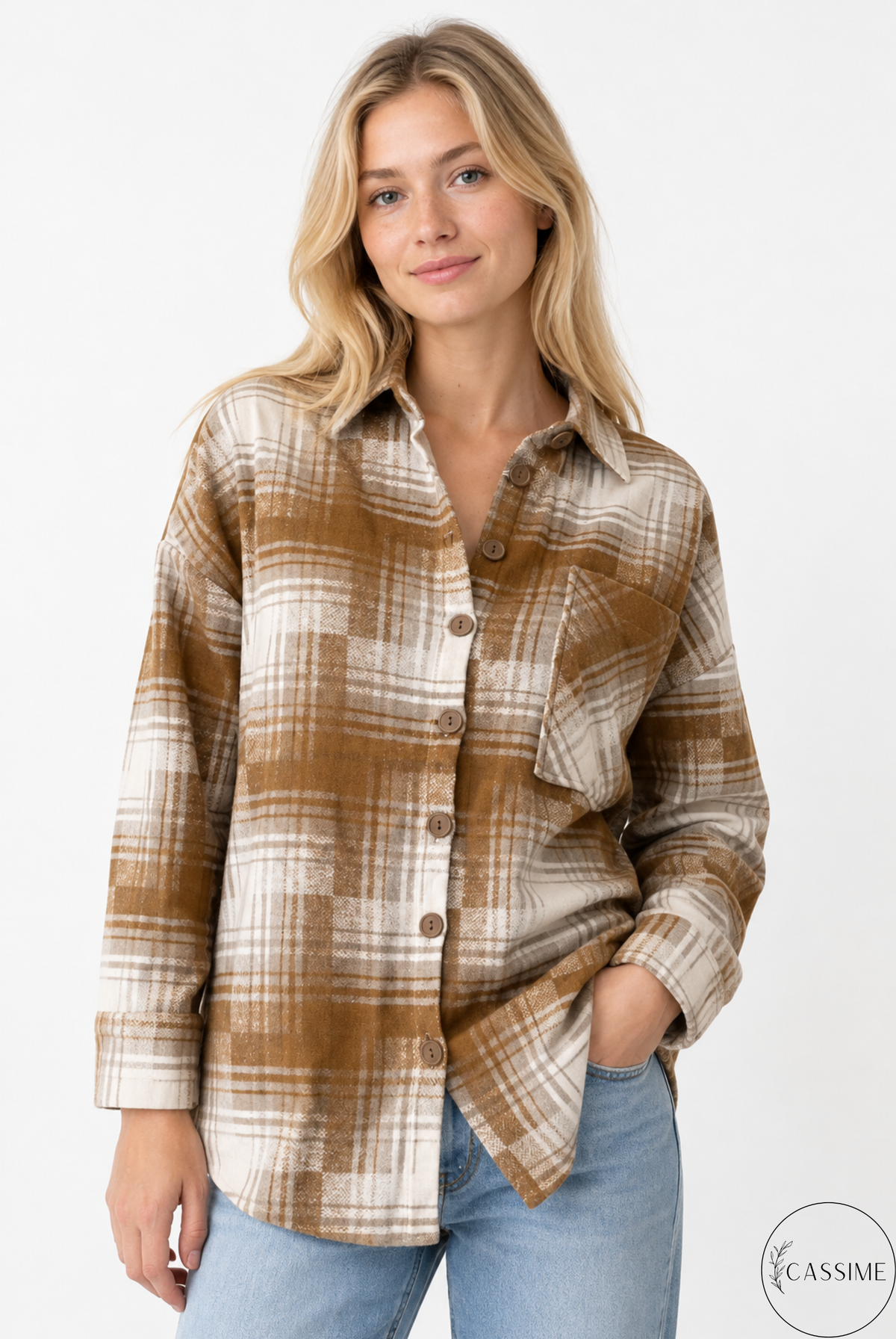 Chaqueta-camisa de cuadros de algodón azul suave crema Harper con capucha