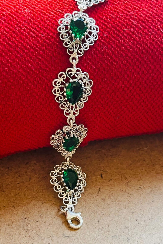 Sterling Silver Filigree Art Emerald Gemstone Link Bracelet