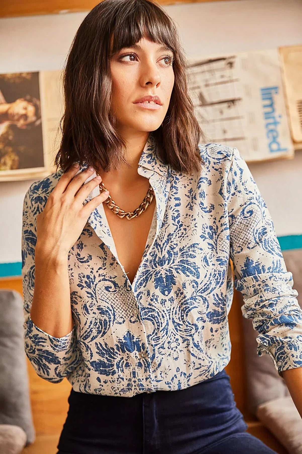 Blue Floral Designer Button-Up Blouse