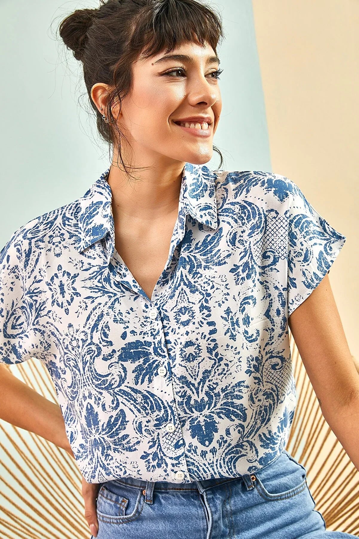 Blue Floral Short Sleeve Button-Up Shirt