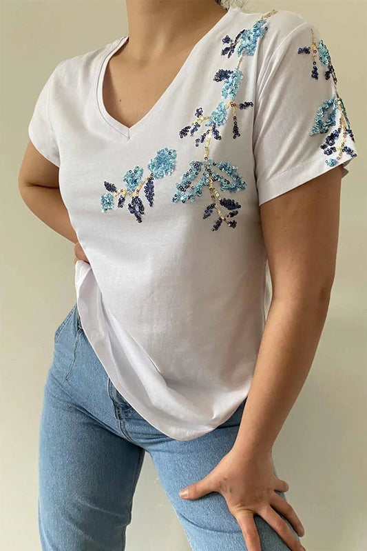 Blue Floral Embroidered Cotton T-Shirt