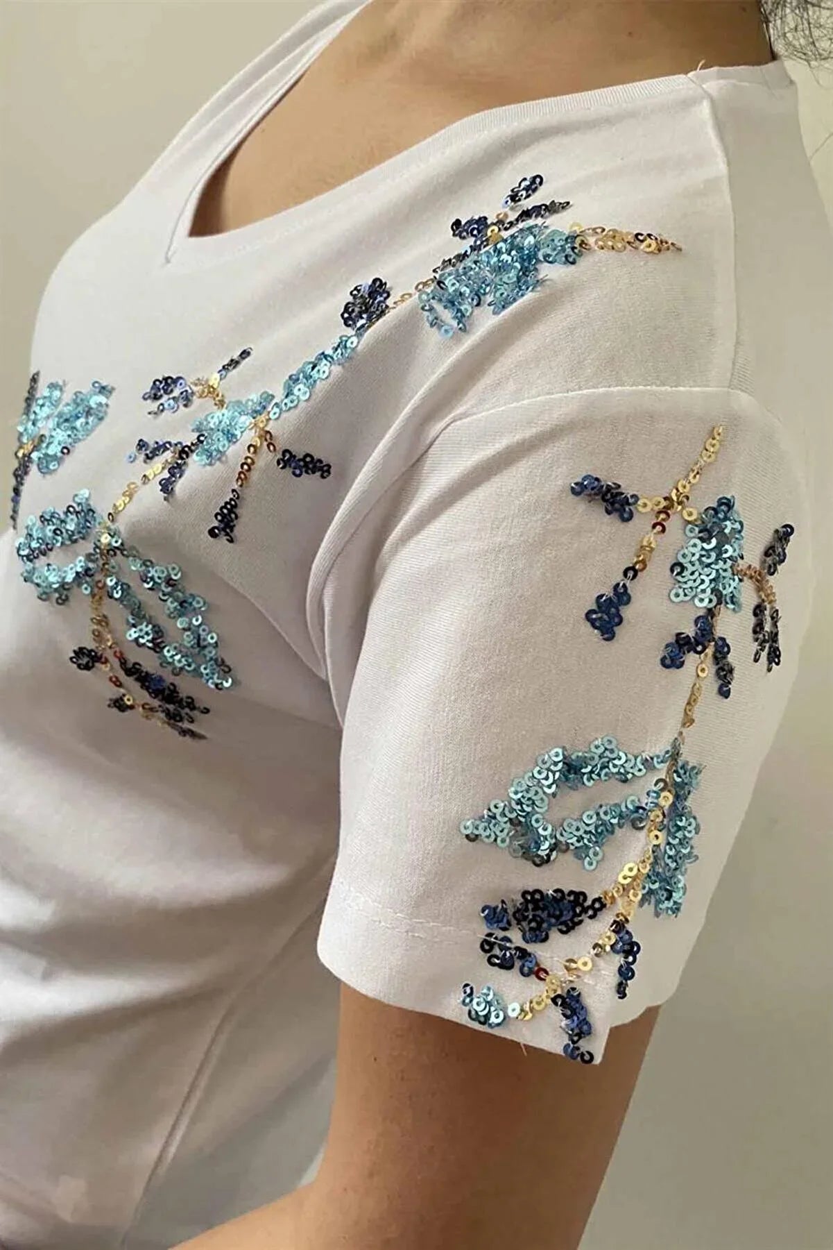 Blue Floral Embroidered Cotton T-Shirt