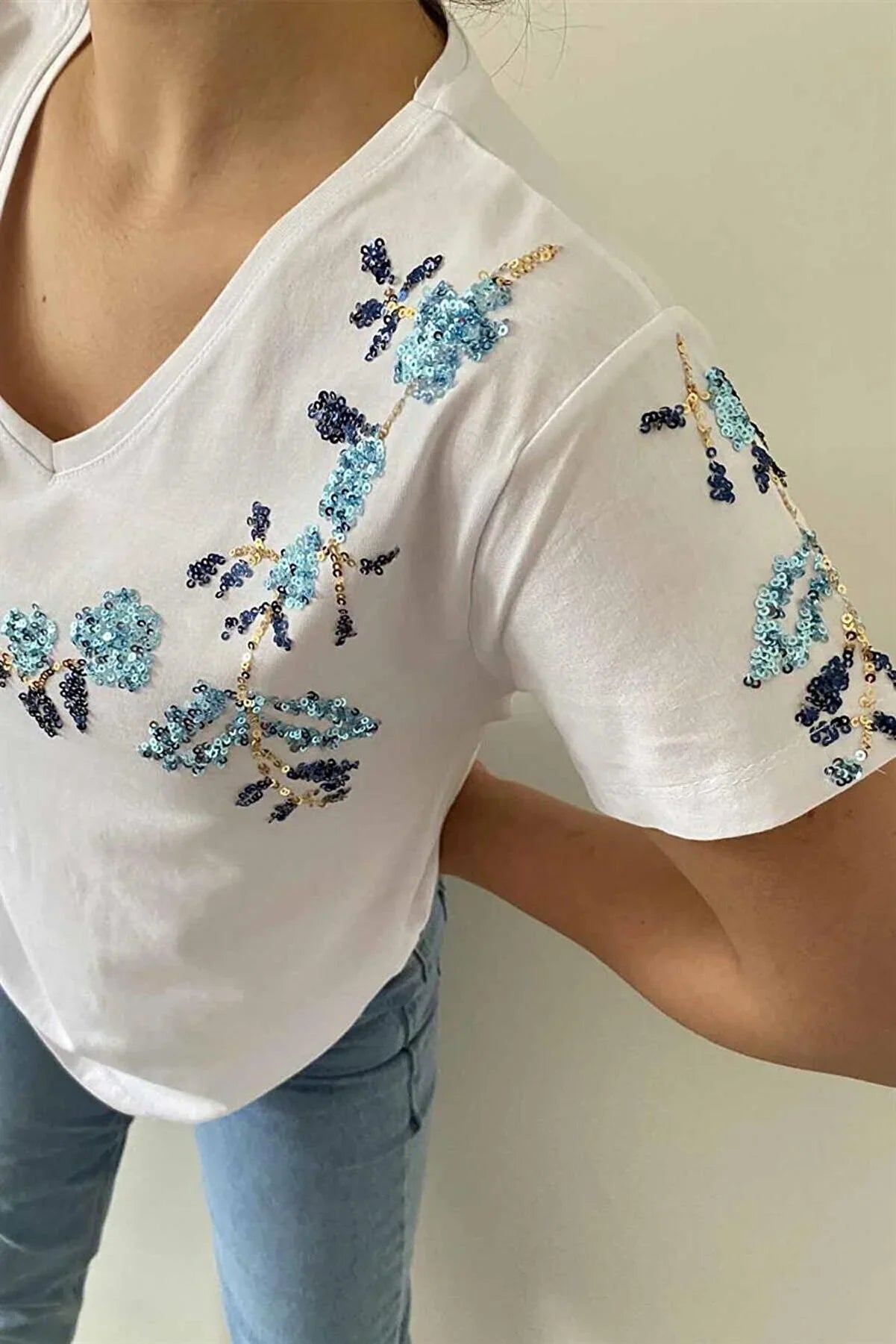 Blue Floral Embroidered Cotton T-Shirt