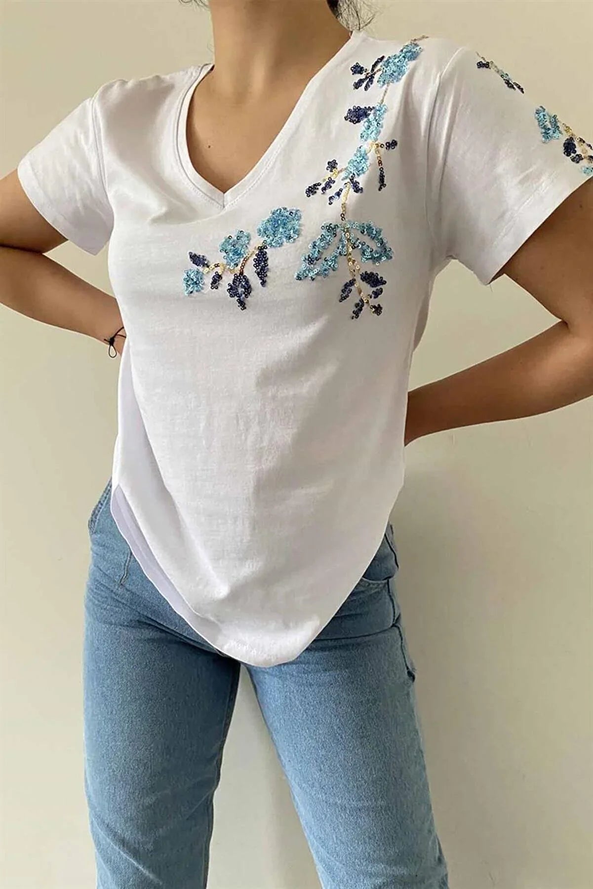 Blue Floral Embroidered Cotton T-Shirt