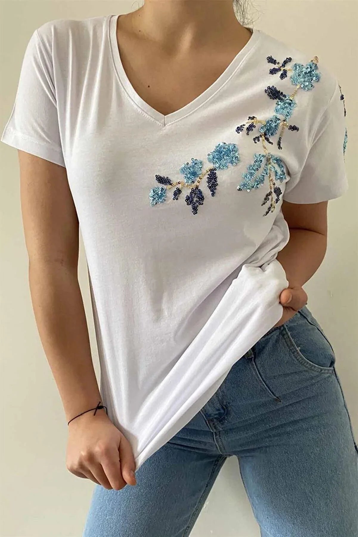 Blue Floral Embroidered Cotton T-Shirt