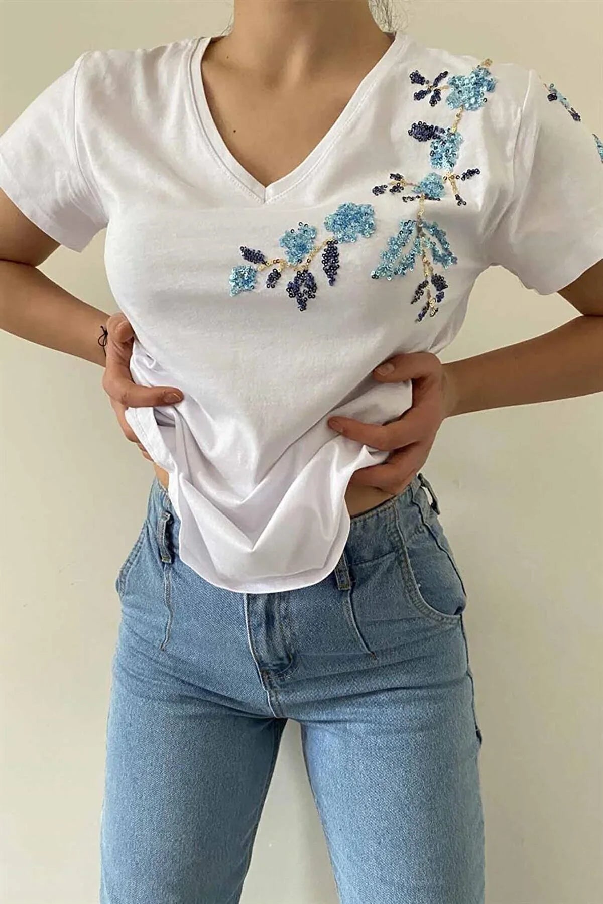 Blue Floral Embroidered Cotton T-Shirt