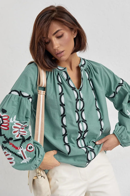 Mint Embroidered Cotton Boho Vyshyvanka Blouse