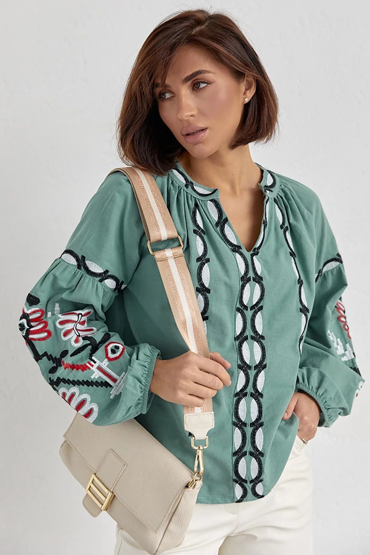 Mint Embroidered Cotton Boho Vyshyvanka Blouse