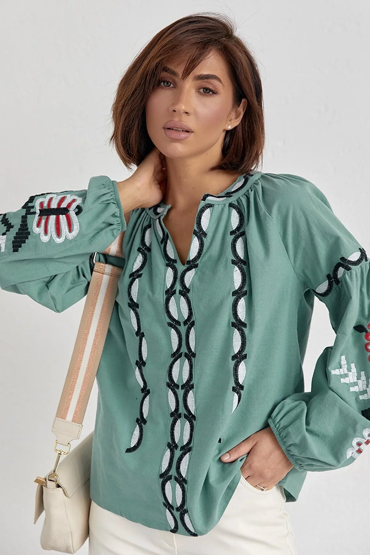 Mint Embroidered Cotton Boho Vyshyvanka Blouse