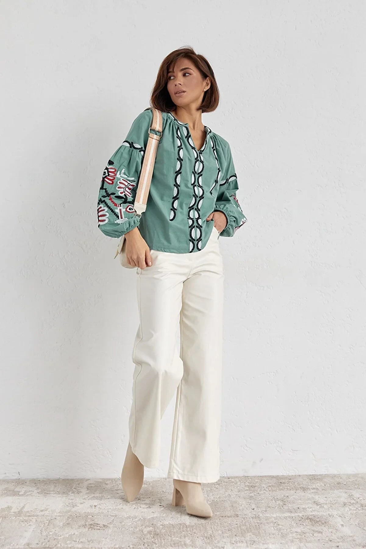 Mint Embroidered Cotton Boho Vyshyvanka Blouse