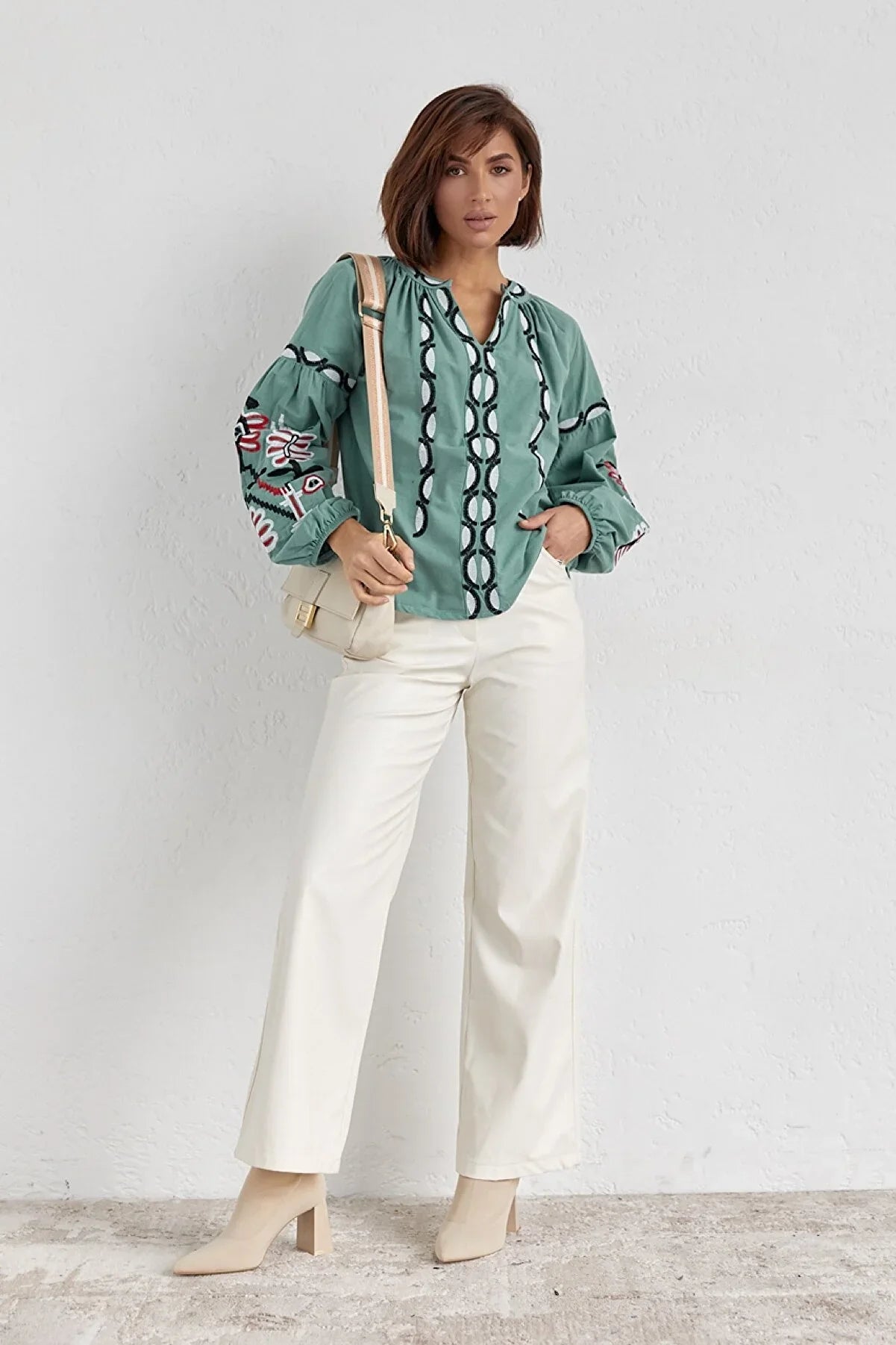 Mint Embroidered Cotton Boho Vyshyvanka Blouse