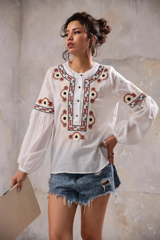 Ethnic Rustic Embroidered Cotton Blouse