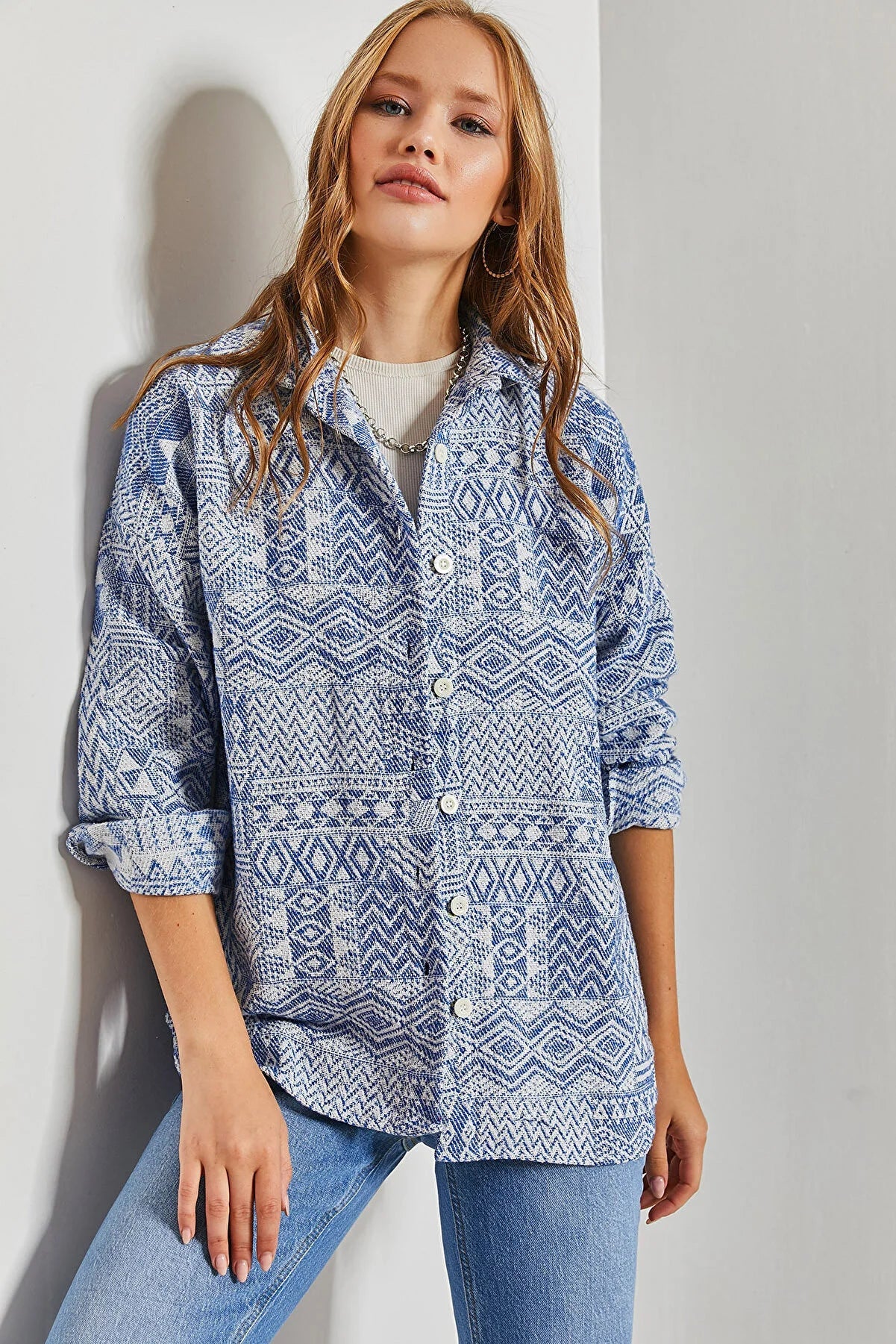 Blue Ethnic Button Down Shacket