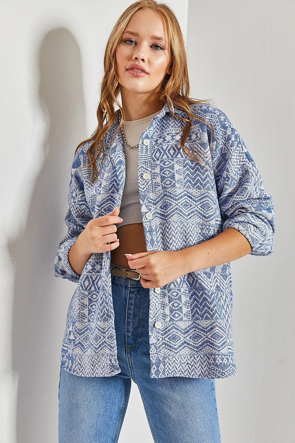 Blue Ethnic Button Down Shacket