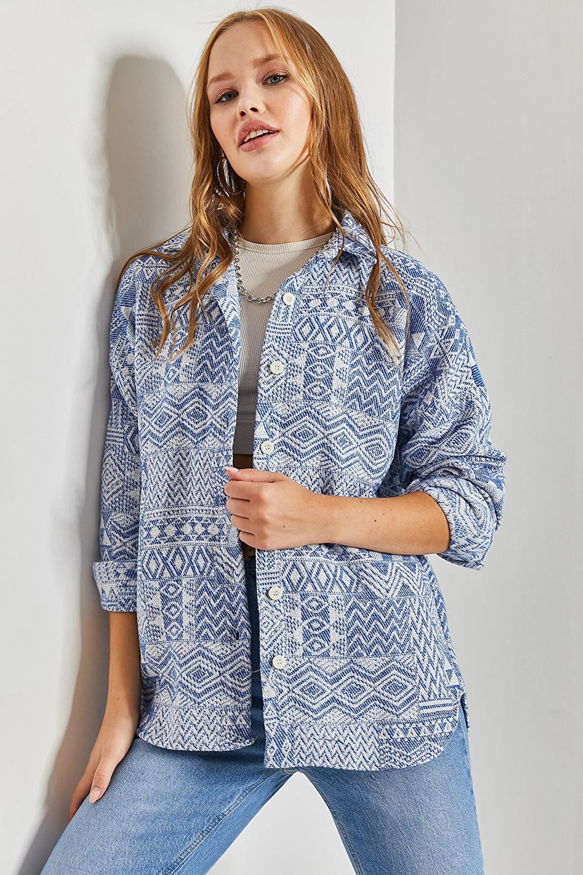 Blue Ethnic Button Down Shacket