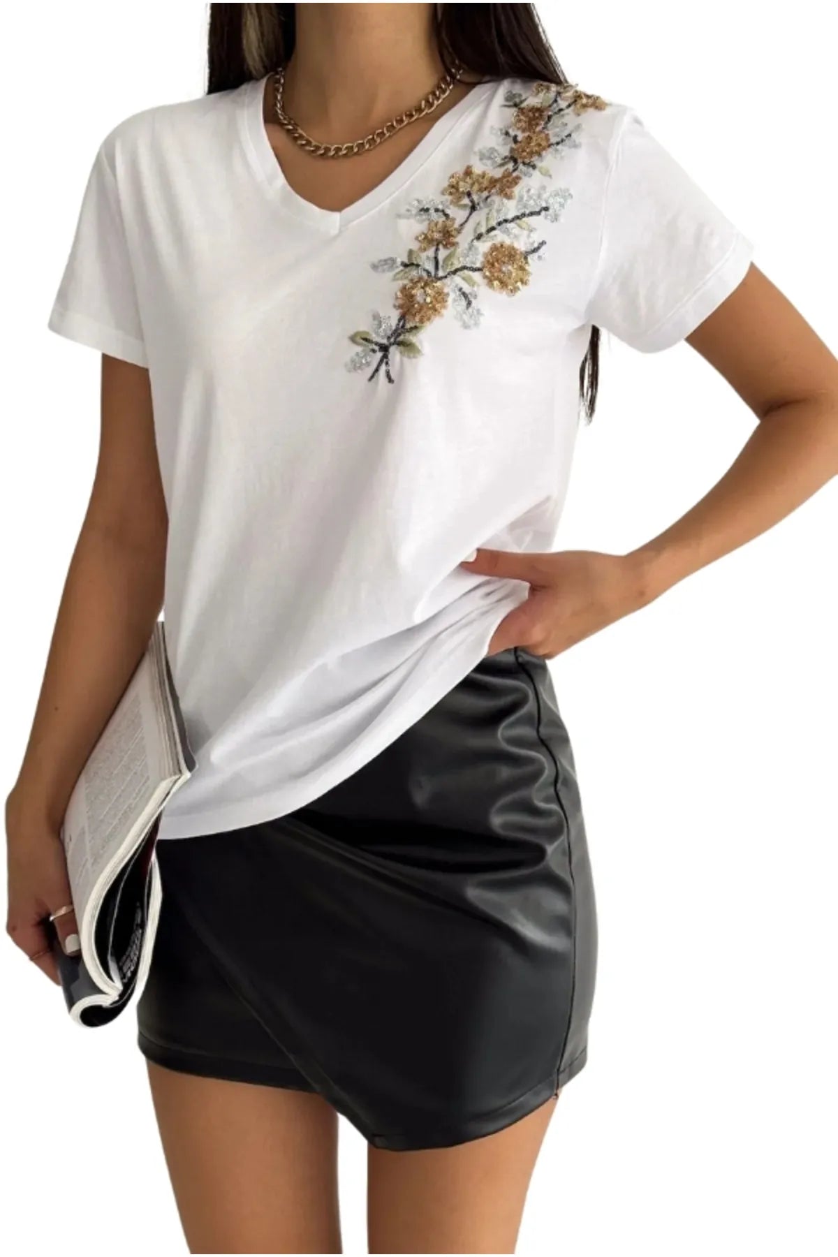 Gouden katoenen T-shirt met korte mouwen en bloemenborduursel - wit 