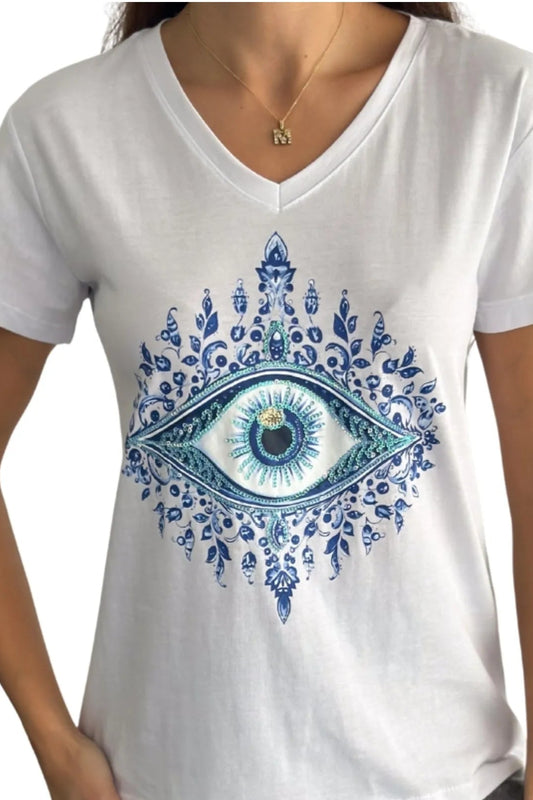 Evil Eye Sequin T-shirt - Wit 