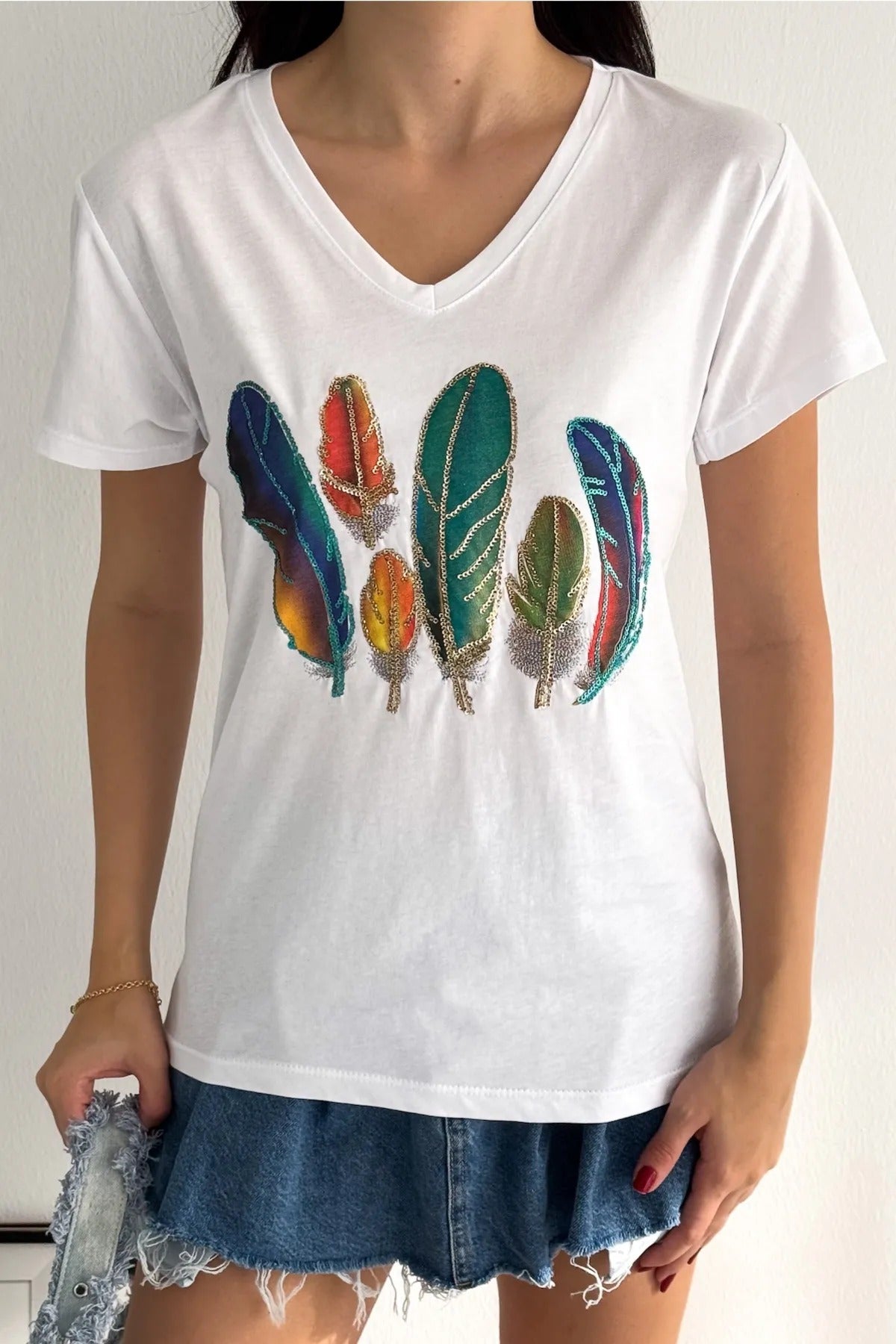 Tilda Feather Design Sequin Cotton T-Shirt