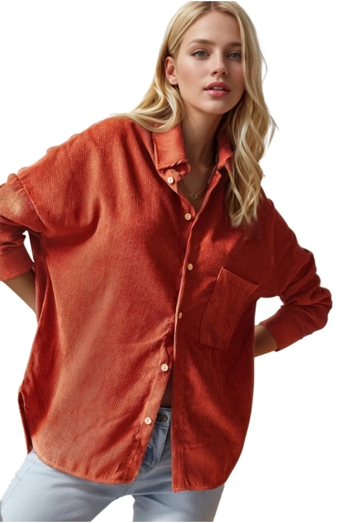 Brick Color Velvet Button Down Shirt