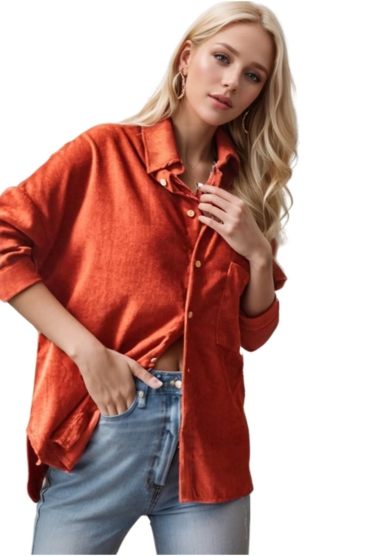 Brick Color Velvet Button Down Shirt