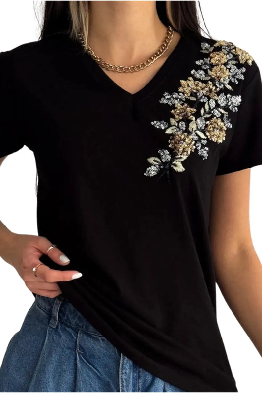 Gold Floral Embroidered Cotton Short Sleeve T-Shirt - Black