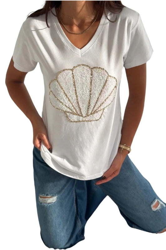 Sea Shell Sequin Cotton Short Sleeve T-Shirt - White