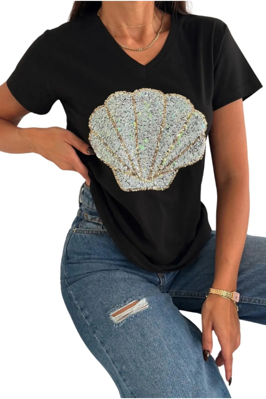 Sea Shell Sequin Cotton Short Sleeve T-Shirt - Black