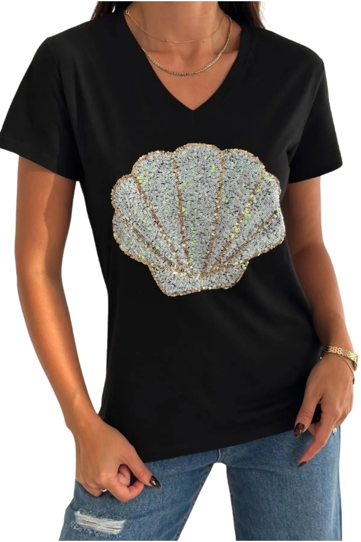 T-shirt met korte mouwen en schelpen van katoen - zwart 