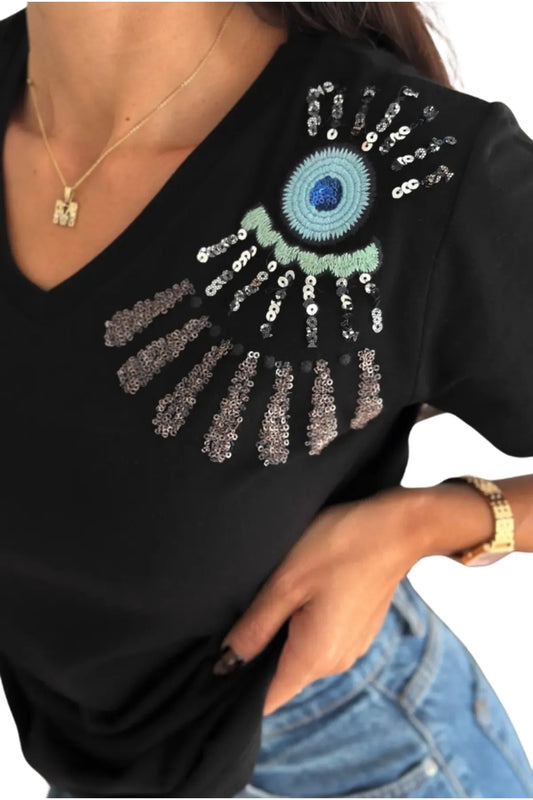 Evil Eye Sequin T-shirt - Zwart 
