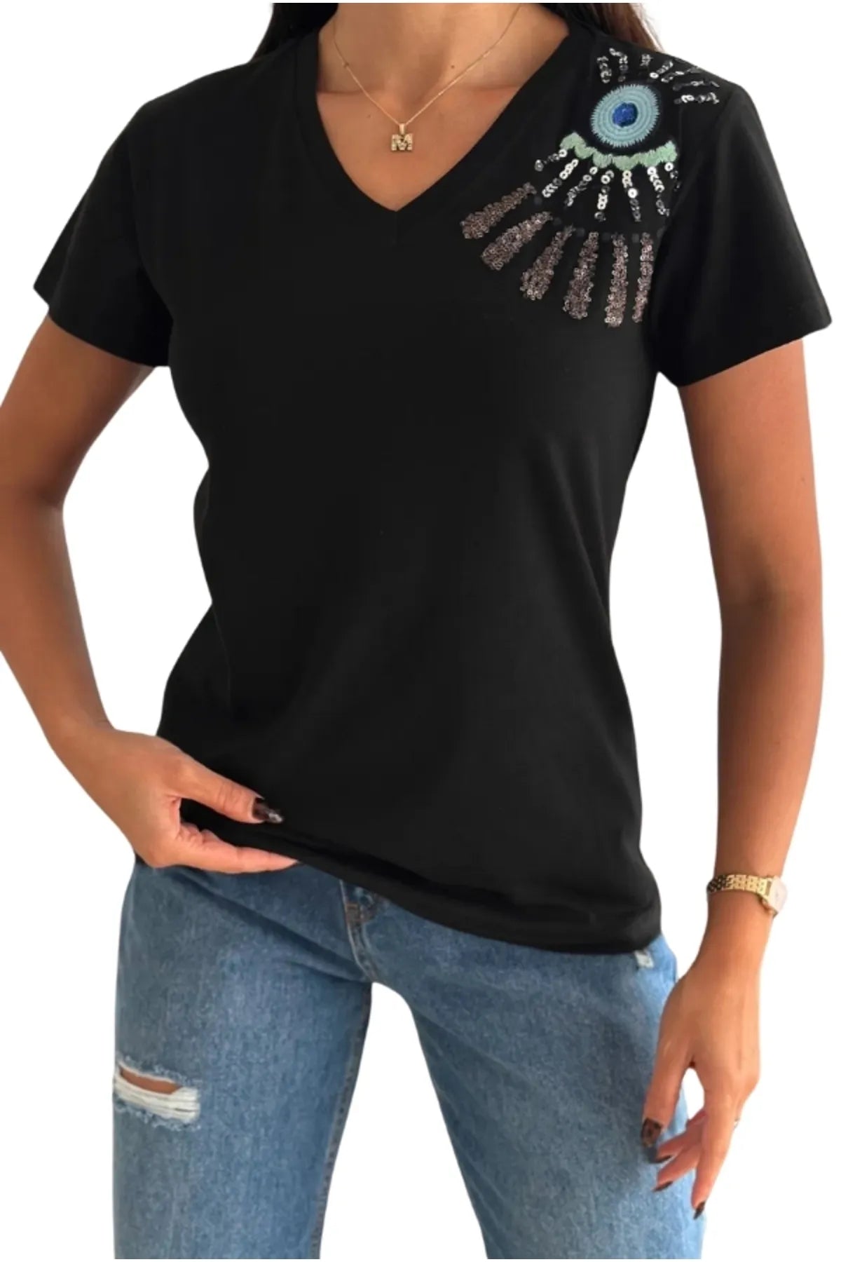 Tilda Evil Eye Sequin T-Shirt - Black