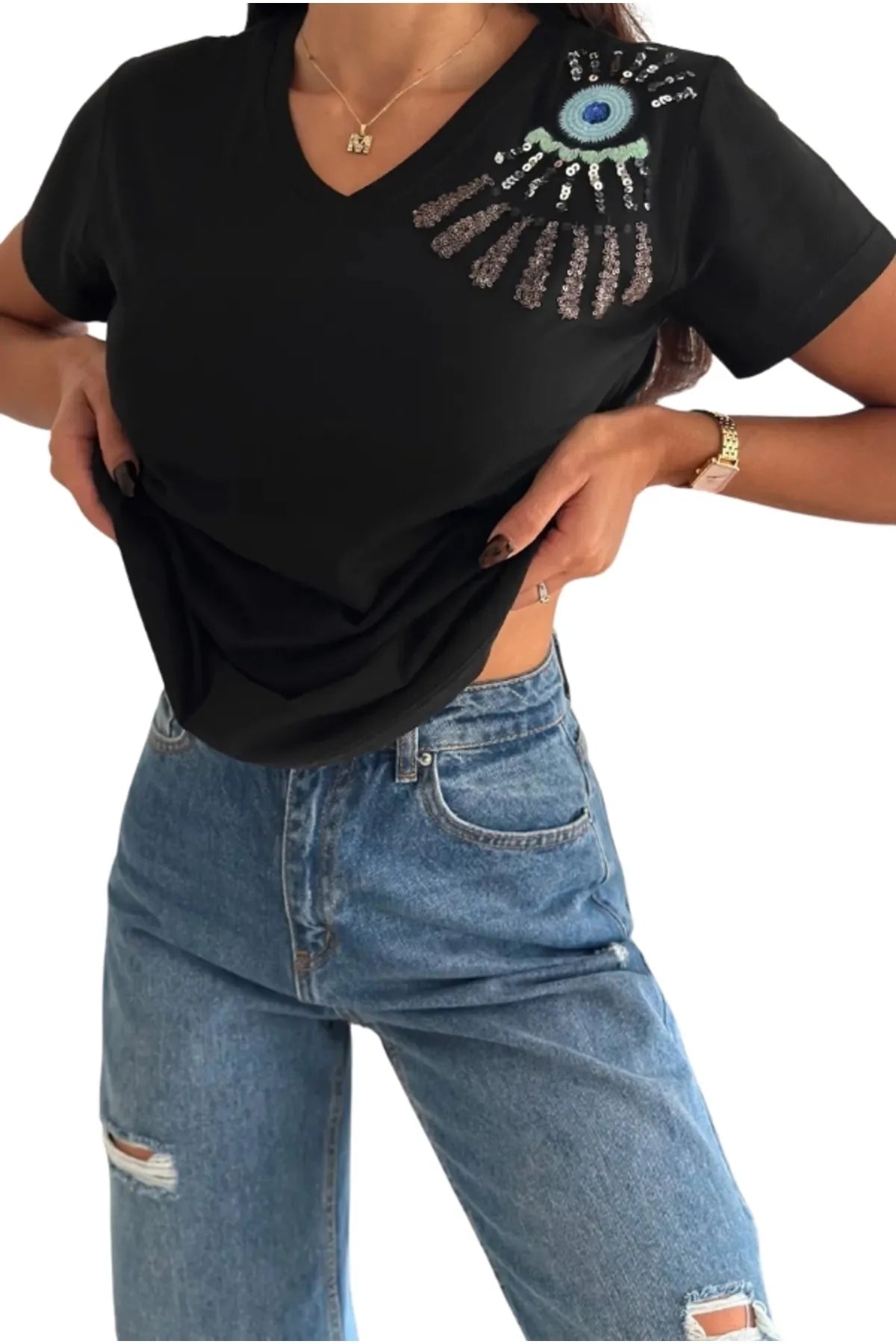 Tilda Evil Eye Sequin T-Shirt - Black