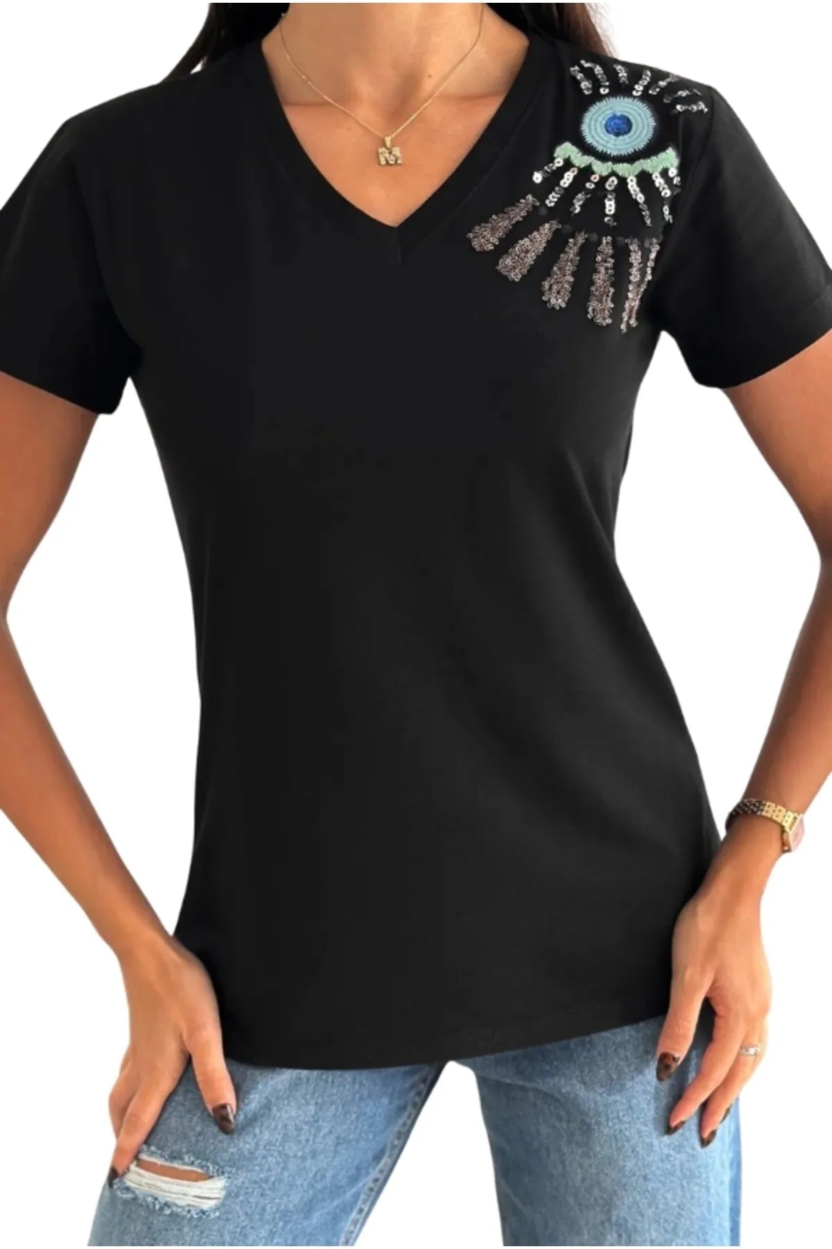 Tilda Evil Eye Sequin T-Shirt - Black