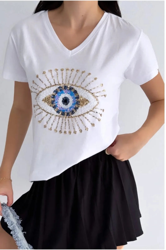 Evil Eye Sequin T-shirt - Wit 