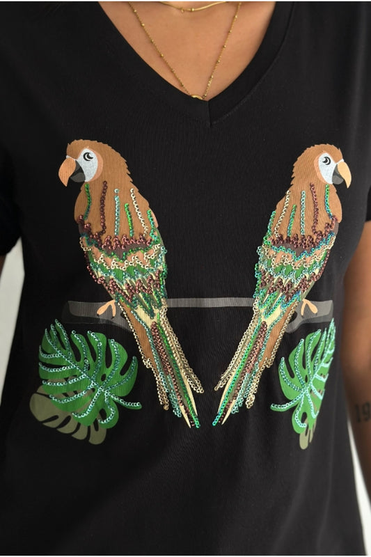 Olivia Women's Cotton Plus Size Embellished V-Neck T-Shirt - Black with Parrot and Leaf Sequins