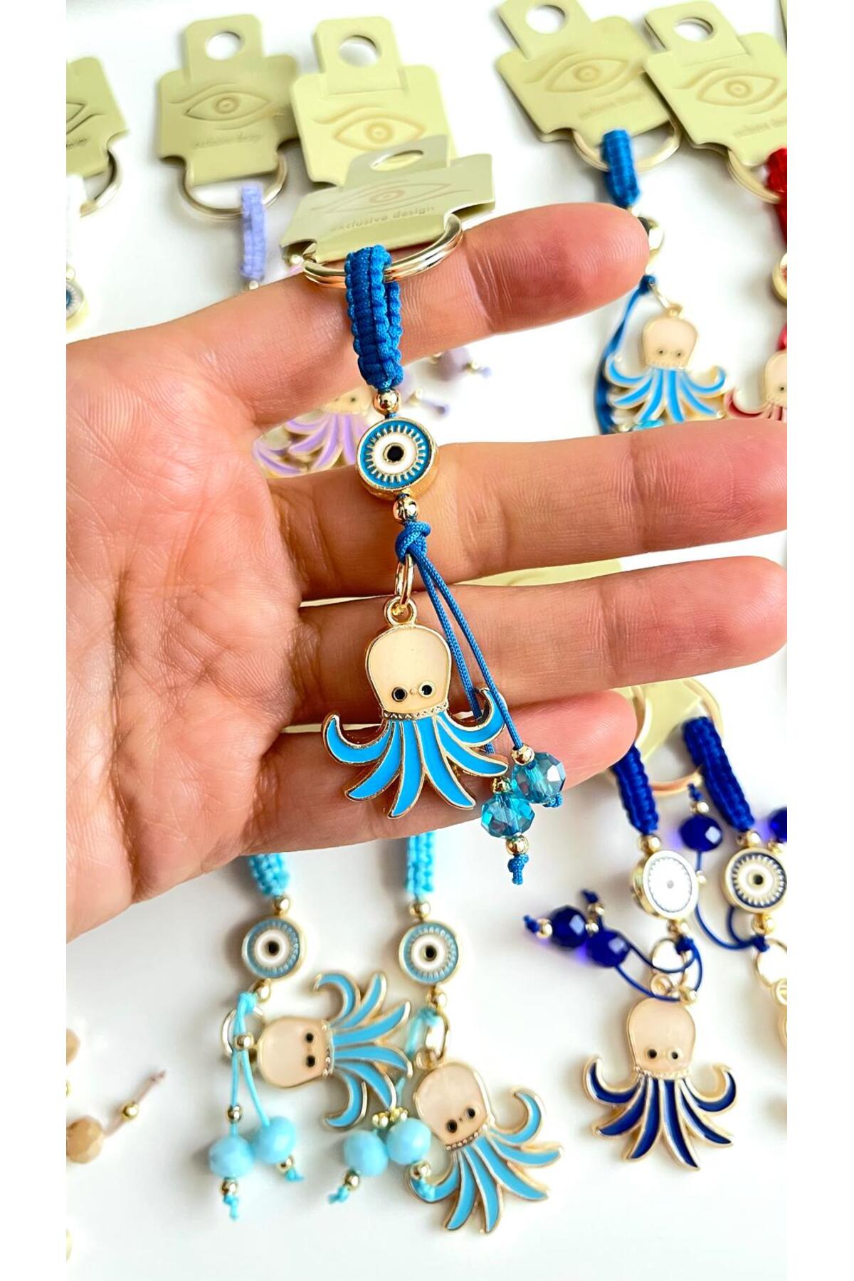 Ivy Gold-Plated Evil Eye Keychain - Royal Blue Octopus Design