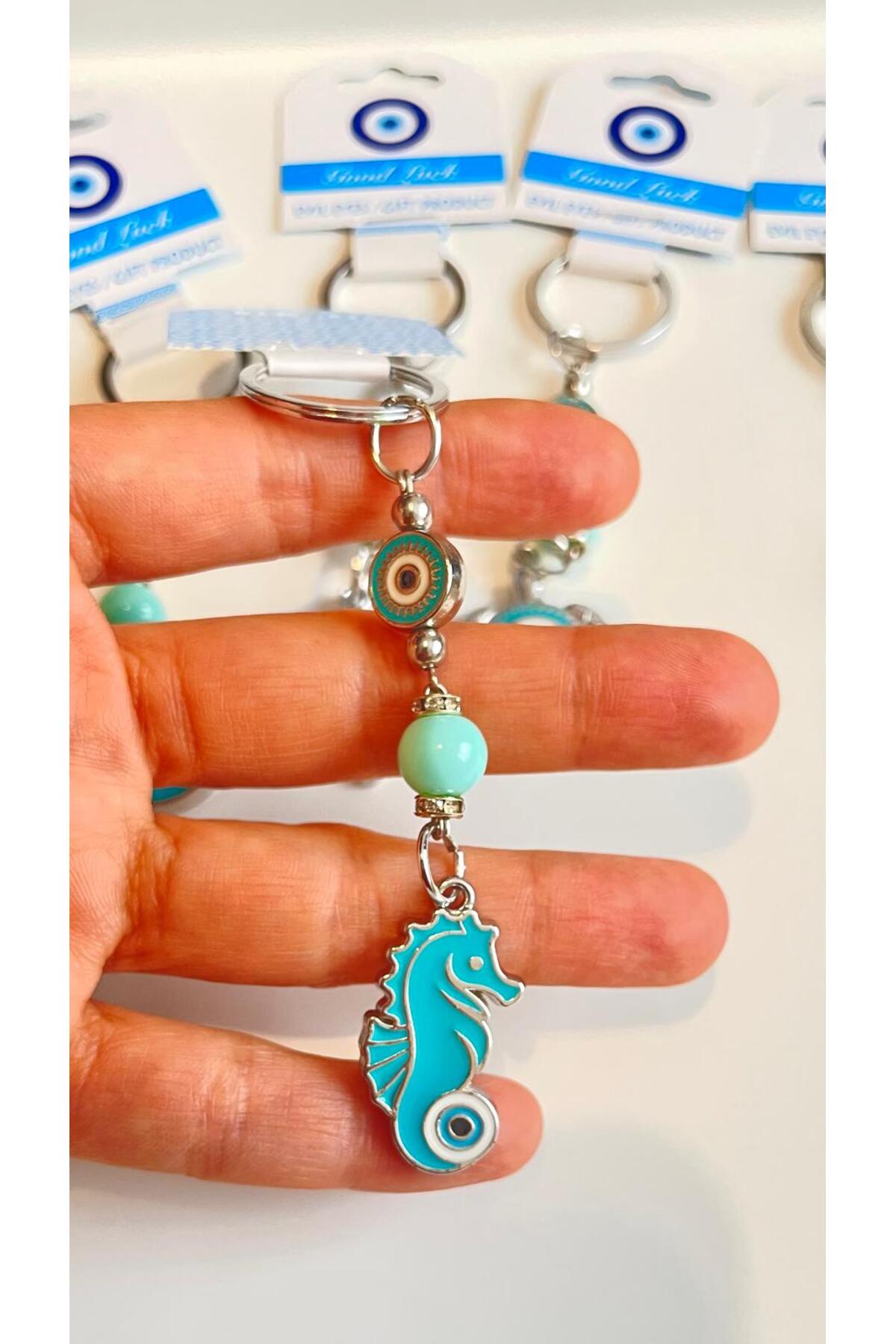 Abigail Silver-Plated Evil Eye Keychain - Turquoise Seahorse Design