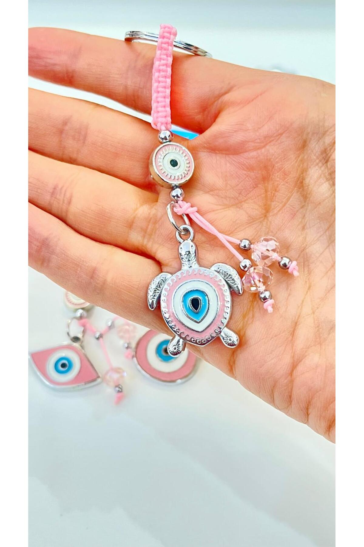 Abigail Silver-Plated Evil Eye Keychain - Pink Turtle Design