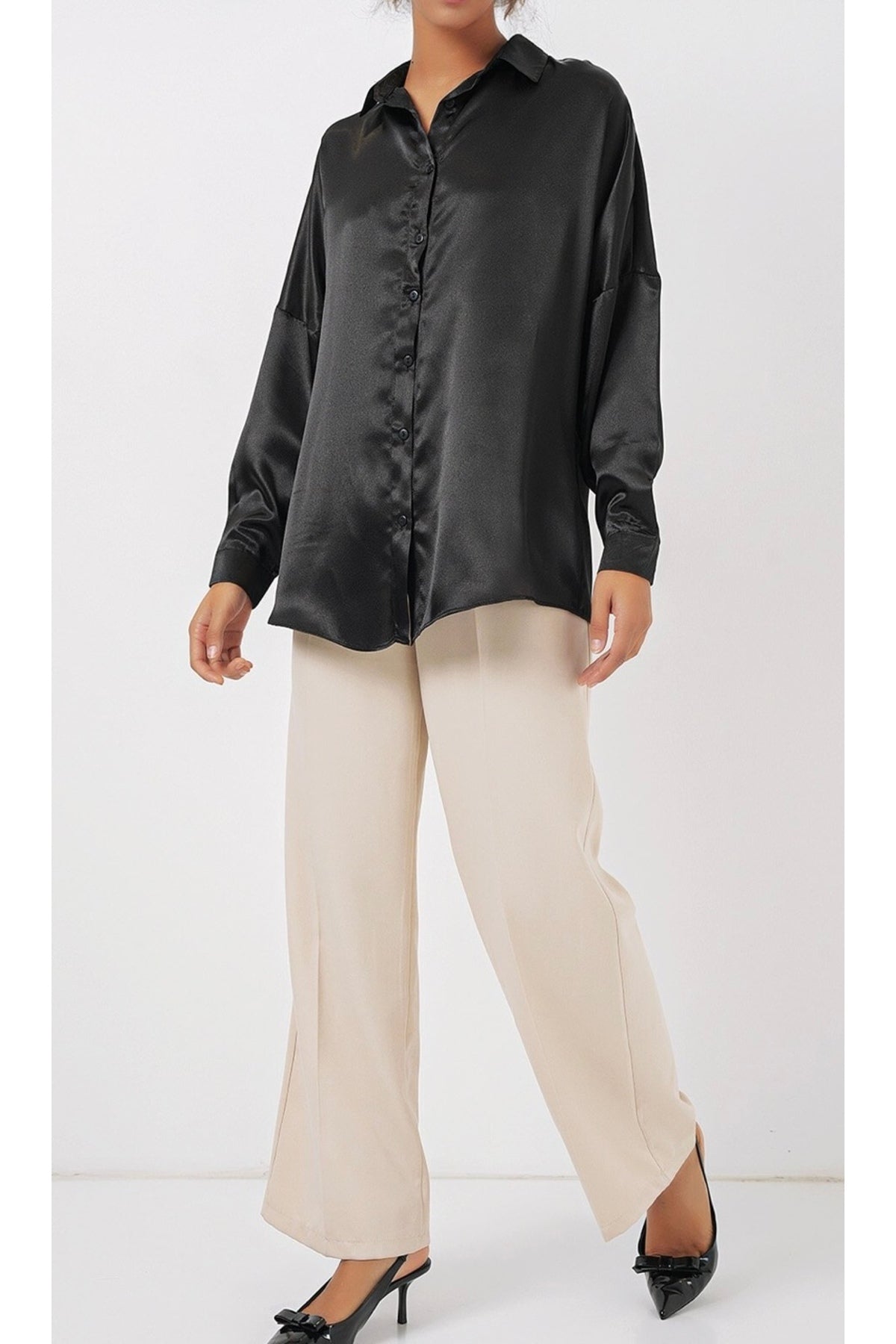 Caroline Women's Relaxed Fit Satin Shirt - Black