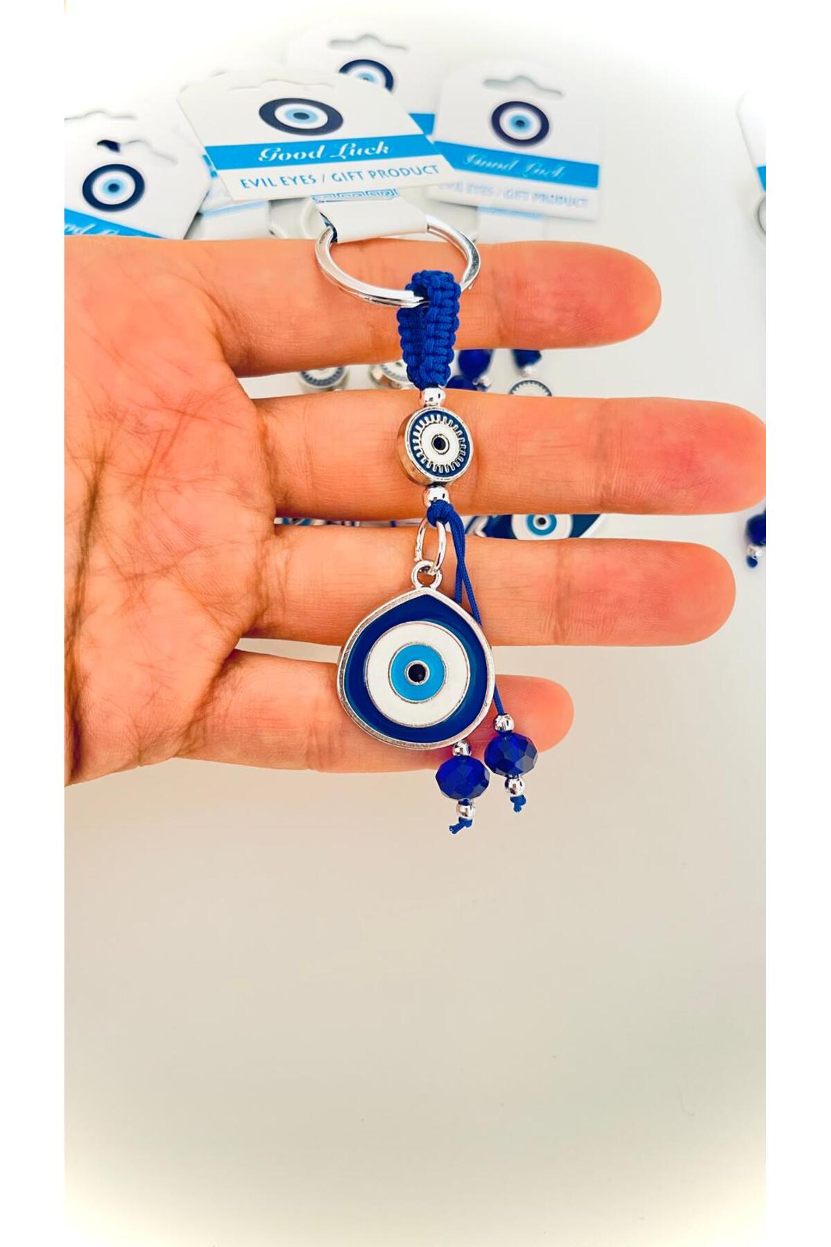 Abigail Silver-Plated Evil Eye Keychain - Navy Teardrop Evil Eye