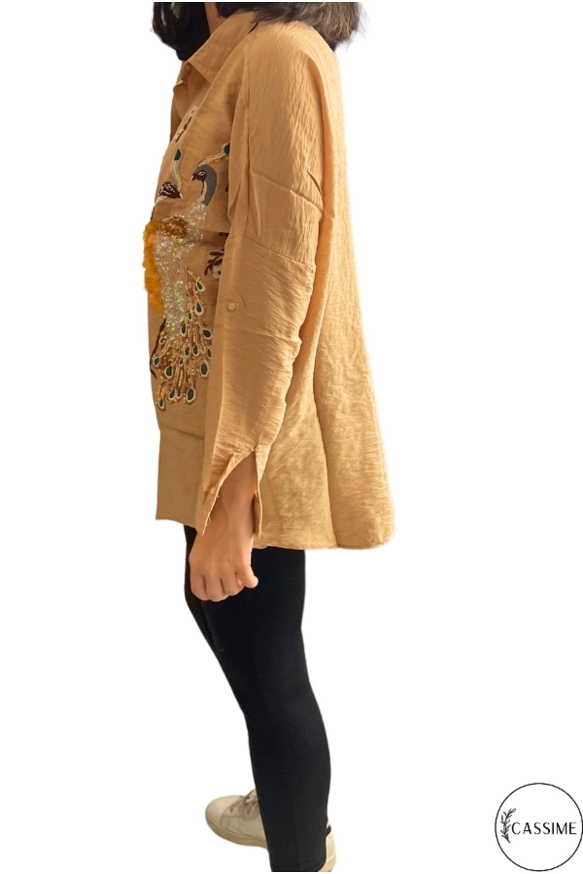 Emily Women's Peacock Sequin Oversized Shirt - Beige Peacock