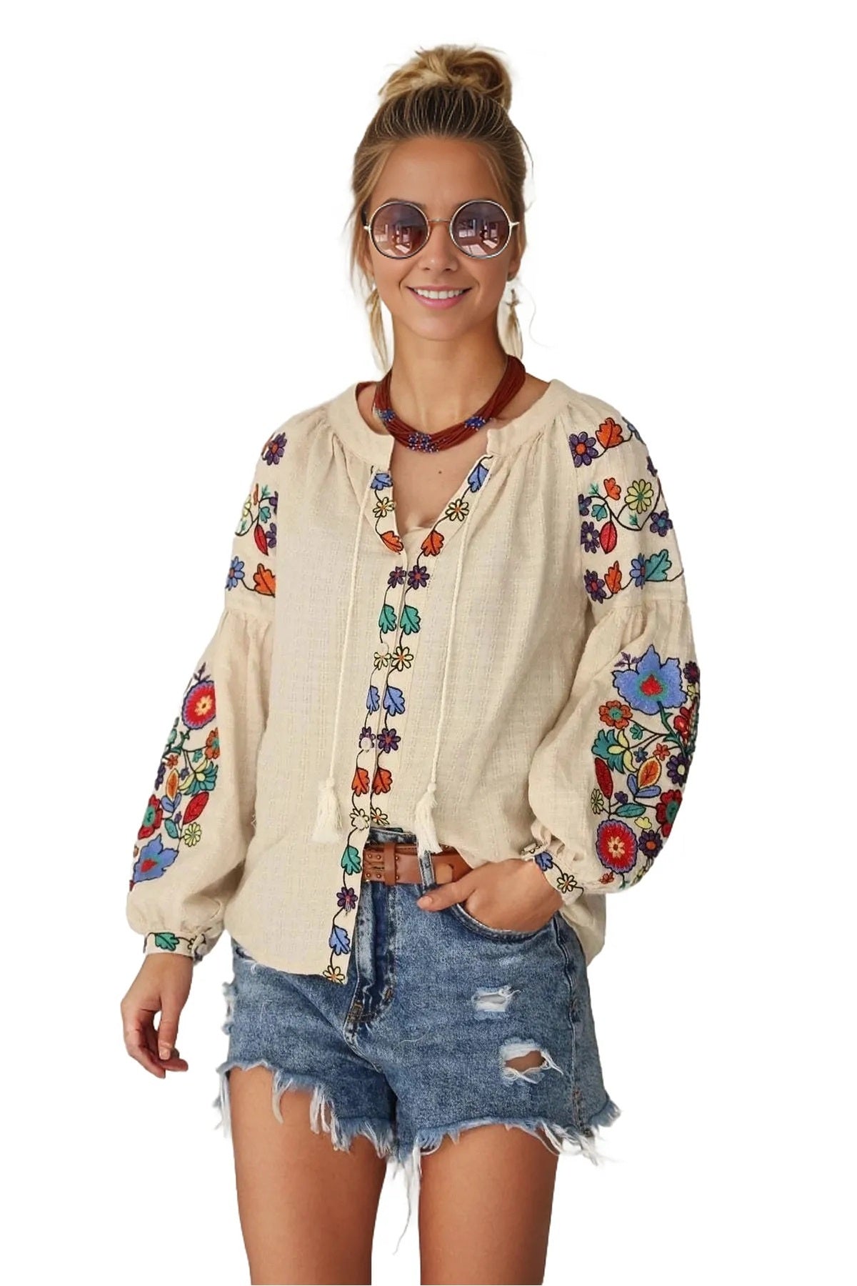 Rosemary Women's Floral Embroidered Sleeve Blouse - Beige