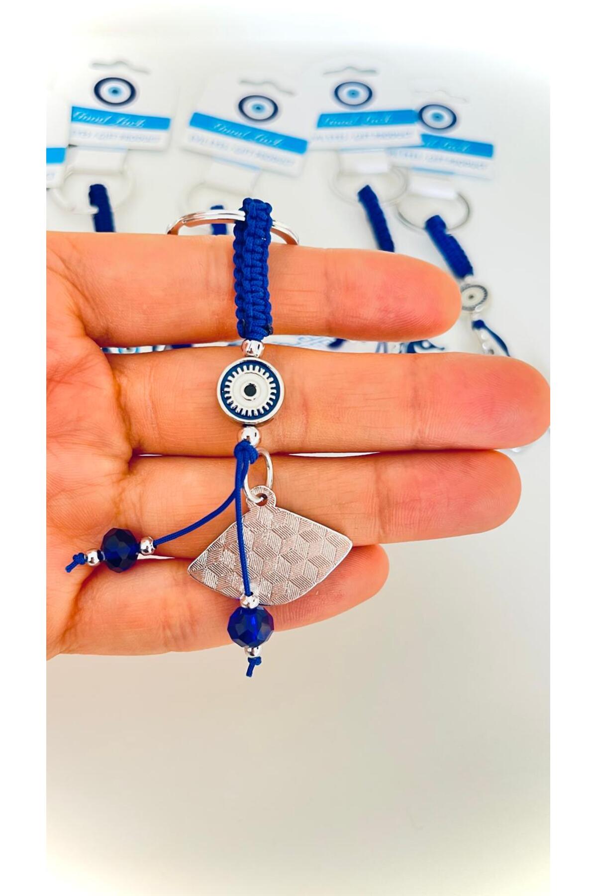 Abigail Silver-Plated Evil Eye Keychain - Navy Oval Evil Eye