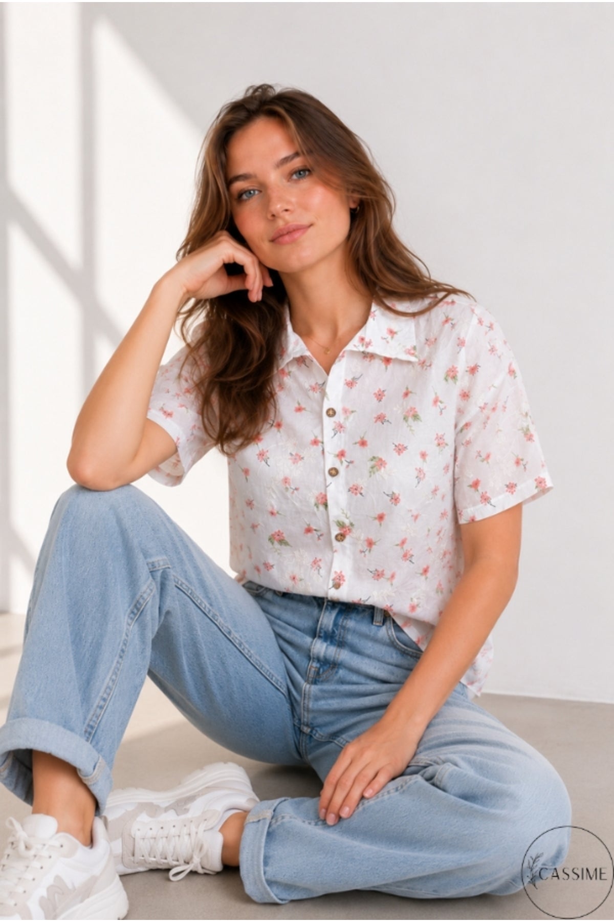 Women's pink mini floral cotton shirt - view 3