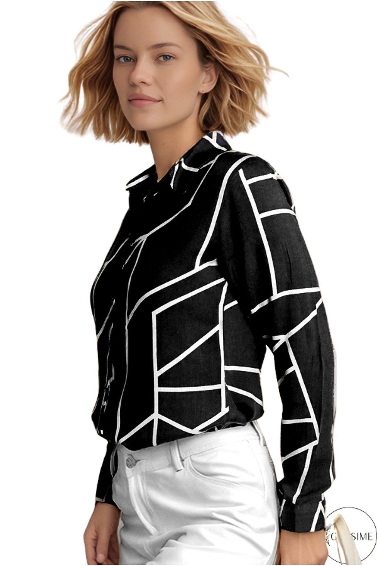 Amelia Women's Viscose Long Sleeve Button-Up Shirt - Black Geometric Striped