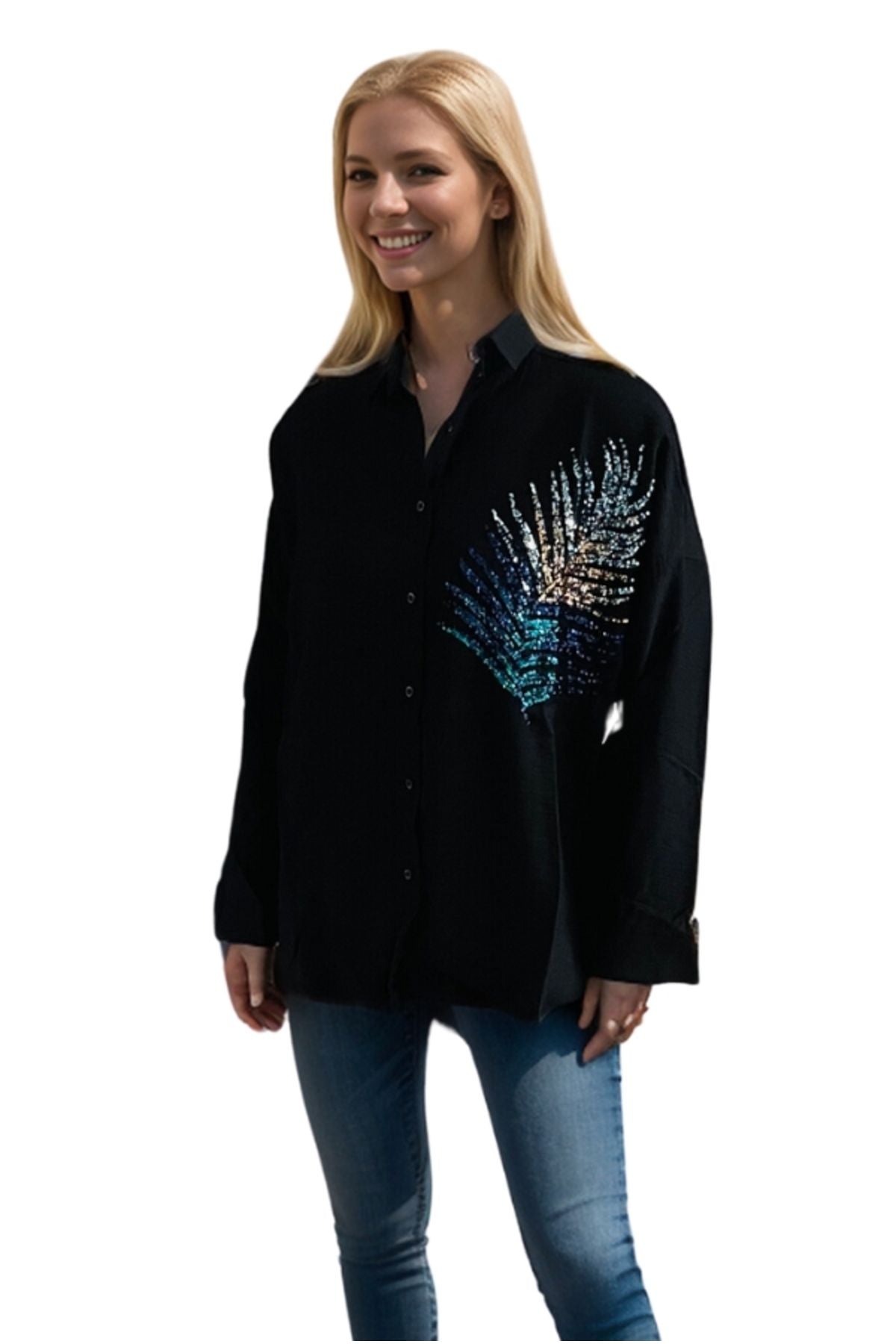 Delilah Women's Linen Oversized Embellished Long Sleeve Shirt - Black Leaf