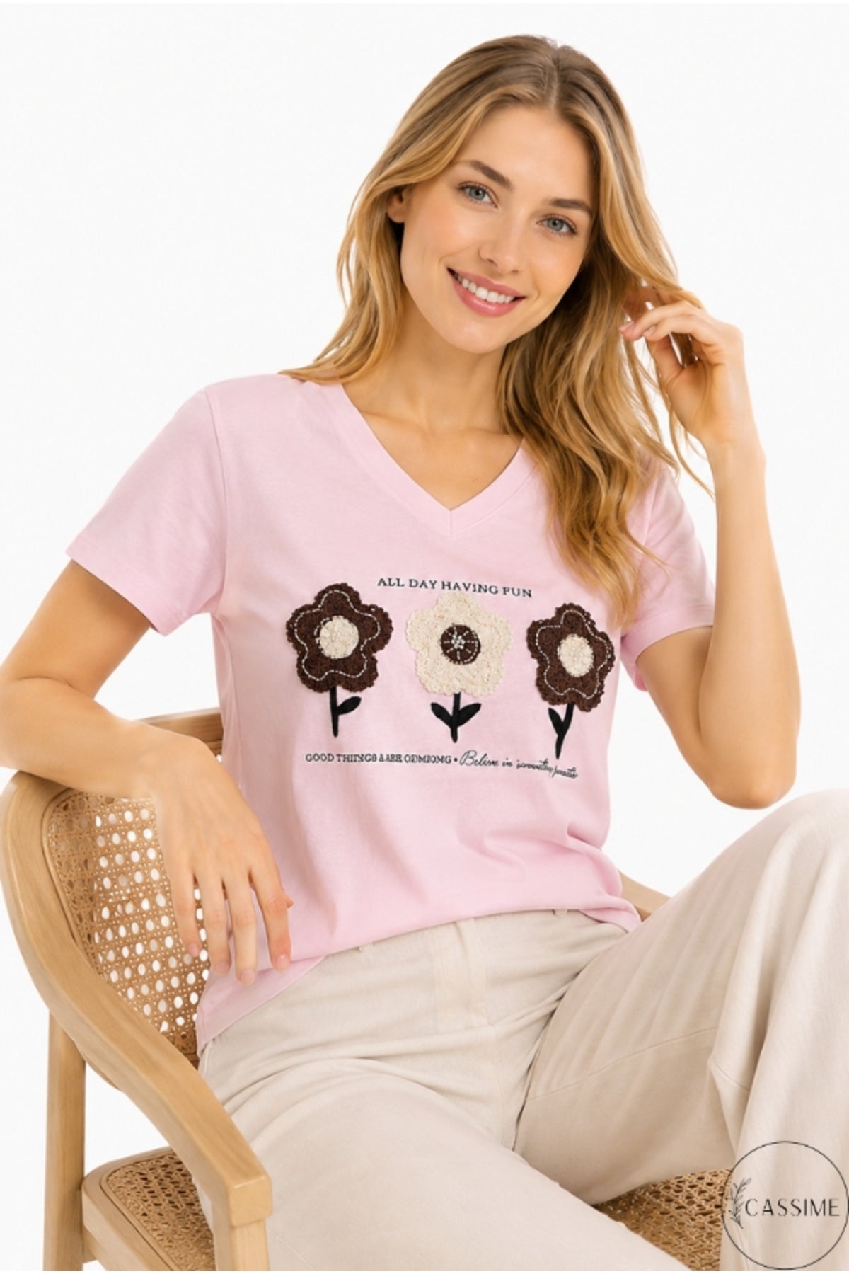 Emma Women's Cotton Embellished T-Shirt - Pink Floral Embroidery