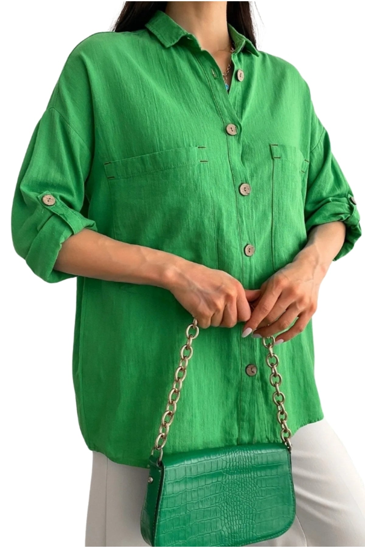 Jasmine Women's Cotton-Linen Blend Oversized Longline Button-Up Shirt - Green